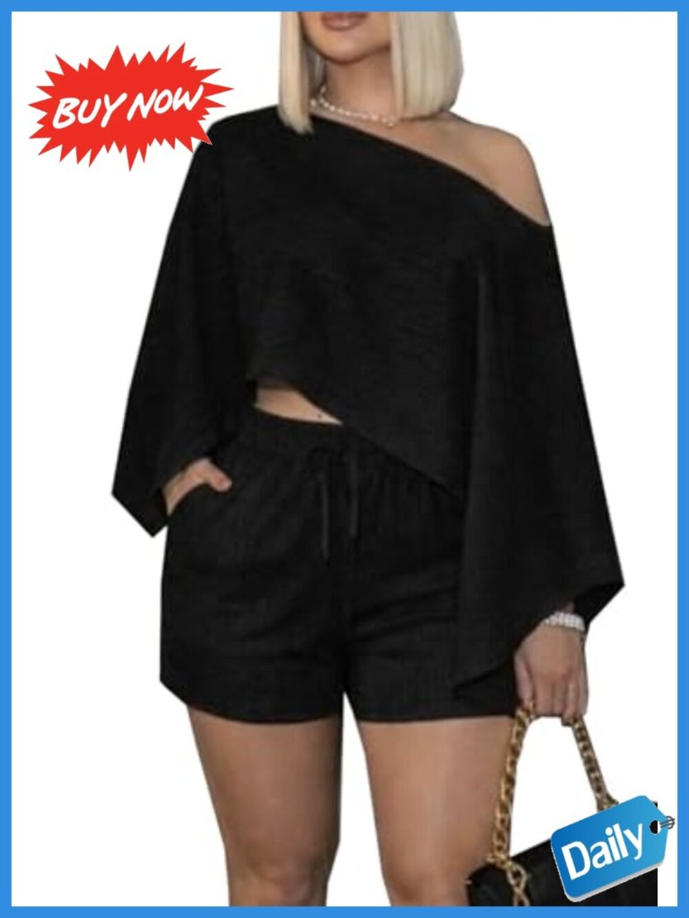 Off Shoulder 2 Piece Short Set Drawstring Waist Pockets Cropped Top Women